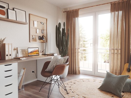 Arbeitszimmer im Lichthaus 121 mit natürlicher Belichtung Lichthaus 121 mit lichtdurchflutetem Arbeitszimmer, ideal für Homeoffice und ruhiges Arbeiten im modernen Wohnumfeld