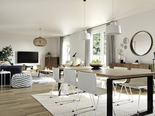 Großzügiges Wohnzimmer für Wohnkomfort in Diepholz Modern gestaltetes Wohnzimmer im Einfamilienhaus als Inspiration für Ihr Bauprojekt