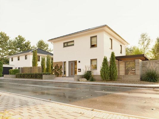 Stadthaus Flair 124 mit harmonischer und zeitgemäßer Architektur Modernes Stadthaus Flair 124 mit Carport und klarer Linienführung für komfortables Familienwohnen