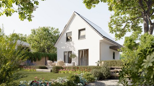 Moderner Wohnraum mit Gartenblick im Blomenquartier Achim Helles Wohnzimmer mit großen Fenstern und Blick in den Garten eines modernen Neubaus im geplanten Blomenquartier Achim. Der Raum steht für nachhaltiges und komfortables Wohnen mit natürlichem Licht.