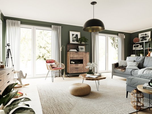 Wohnzimmer im Haus Flair 152 mit direktem Gartenblick Haus Flair 152 mit offenem Wohnzimmer, großen Fenstern und direktem Zugang zum Garten für lichtdurchflutetes Wohnen