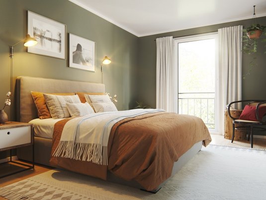 Schlafzimmer im Haus Flair 152 mit moderner Einrichtung Haus Flair 152 mit stilvollem Schlafzimmer, warmen Farbtönen und ruhiger Atmosphäre für erholsamen Schlaf und Komfort