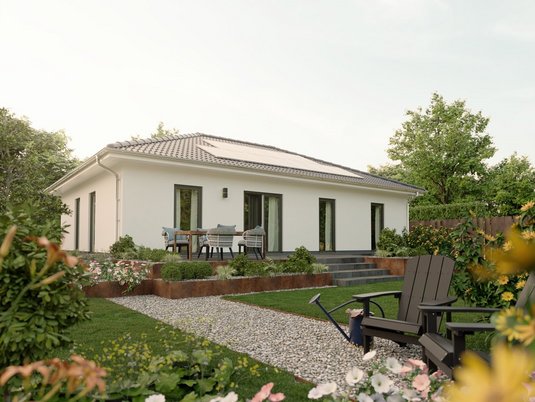 Bungalow 110 mit nachhaltiger Energienutzung und Gartenblick Moderner Bungalow 110 mit Photovoltaikanlage auf dem Dach und weitläufigem Garten im Baugebiet Woltersquartier Verden