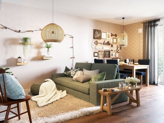 Offenes Wohnzimmer für entspanntes Familienleben Helles Wohnzimmer im Bungalow als Inspiration für modernes Wohnen in Diepholz