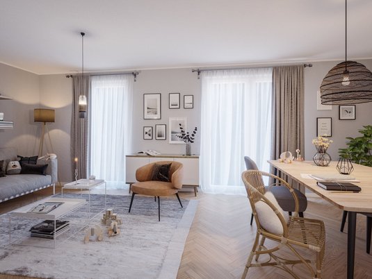 Wohnzimmer im Doppelhaus Behringen 116 mit offenem Raumkonzept Doppelhaus Behringen 116 mit großzügigem Wohnzimmer, offener Raumgestaltung und lichtdurchflutetem Wohnbereich für Familien in Achim