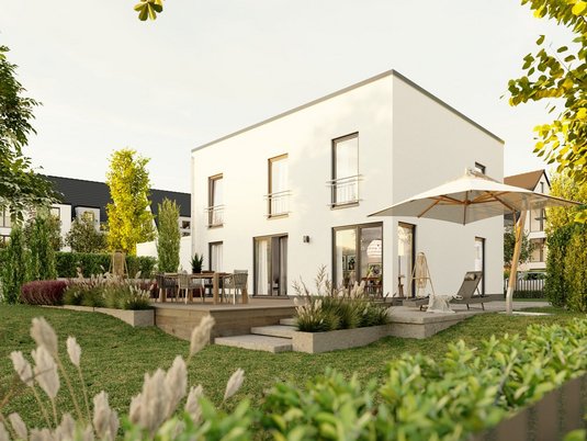 Modernes Stadthaus Flair 152 mit Flachdach im Grünen Stadthaus Flair 152 mit modernem Flachdach und großzügigem Garten als Beispiel für urbanes Wohnen im Baugebiet Woltersquartier Verden