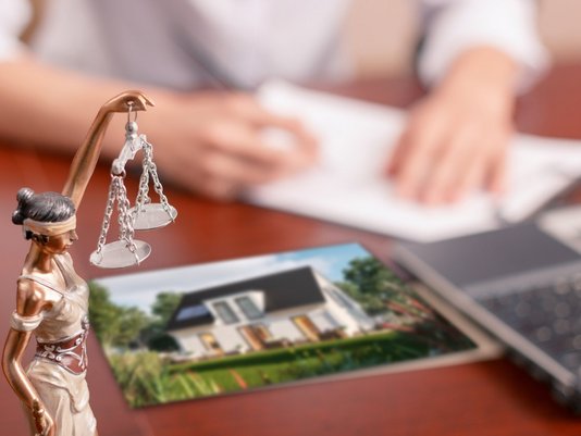 Beratungsgespräch mit Hausbild und Justitia-Figur als Symbol für Grundstückskauf, Vertragsprüfung und Hausbauplanung mit Contura Bau GmbH