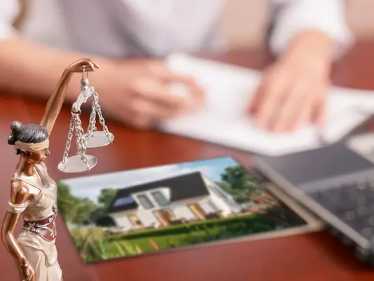Beratung zum Grundstückskauf und Hausbau Beratungsgespräch mit Hausbild und Justitia-Figur als Symbol für Grundstückskauf, Vertragsprüfung und Hausbauplanung mit Contura Bau GmbH