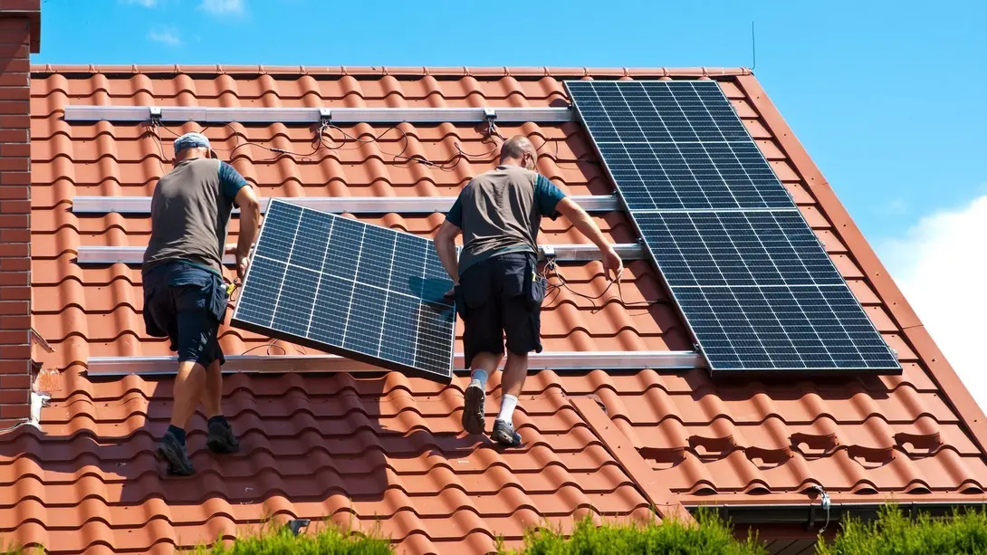 Handwerker montieren Photovoltaikmodule auf einem Dach für nachhaltiges Bauen in Nienburg