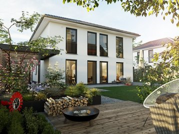 Modernes Einfamilienhaus mit Terrasse und Garten Modernes Einfamilienhaus mit heller Fassade, Walmdach, Terrasse und gepflegtem Garten als Beispiel für den Hausbau in Leese mit Contura Bau GmbH