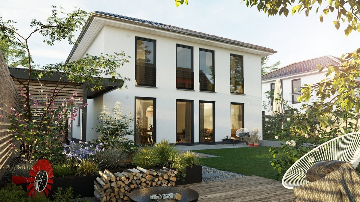 Eine moderne Stadtvilla mit Garten steht sinnbildlich für Qualität, Vertrauen und den sicheren Weg ins Eigenheim mit Contura Bau im Landkreis Verden
