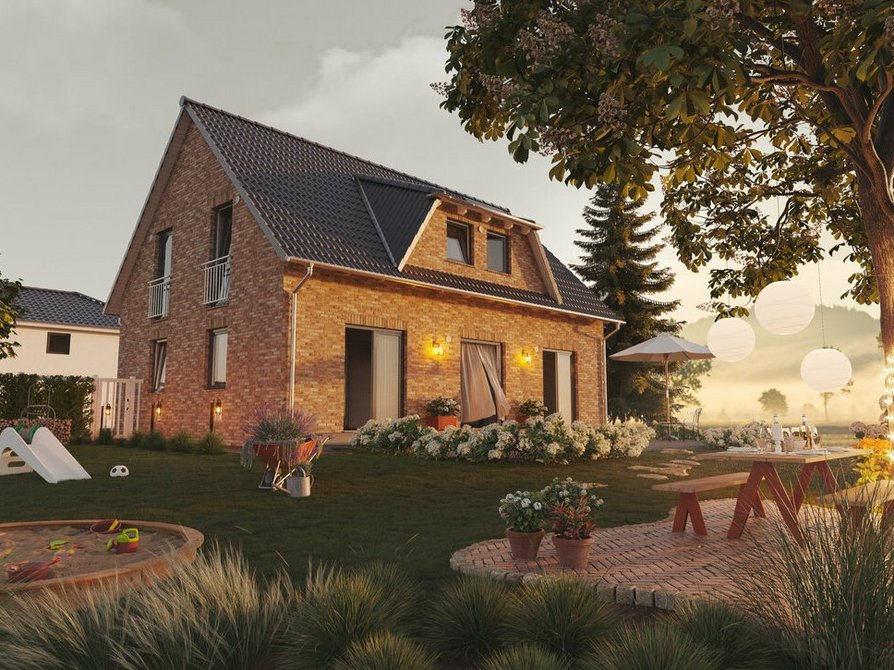 Erleben Sie das Landhaus 142 in Aura Klinker mit Gartenblick, bodentiefen Fenstern, Photovoltaikanlage, Schleppgaube und heller Fassade für zeitlose Eleganz.