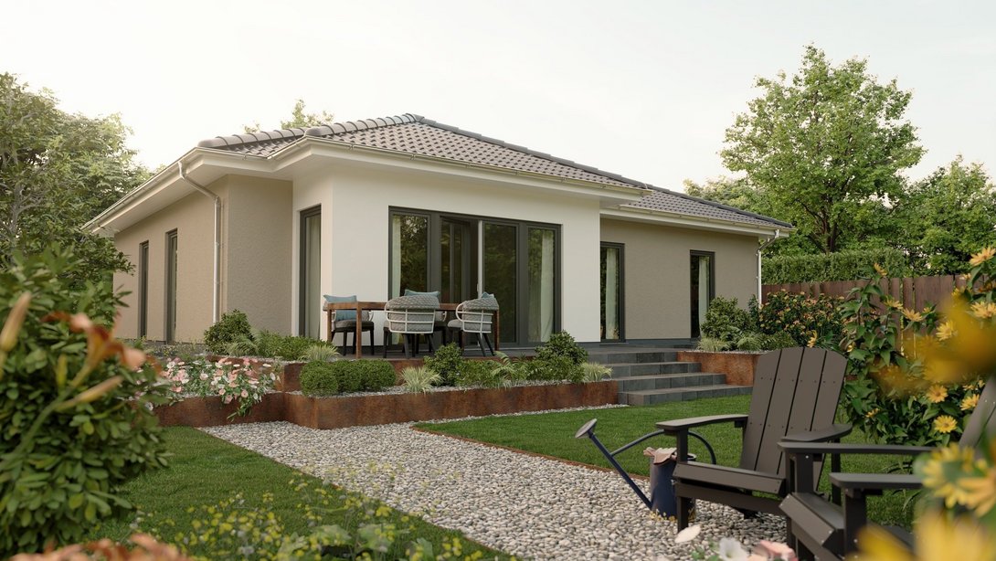 Moderner Bungalow mit Terrasse und Garten Moderner Bungalow mit heller Fassade, Terrasse und gepflegtem Garten als Beispiel für naturnahes Wohnen mit Contura Bau GmbH