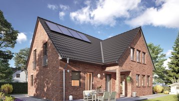 Klinkerhaus mit Photovoltaikanlage und Garten Modernes Einfamilienhaus mit roter Klinkerfassade, Solaranlage und Terrasse