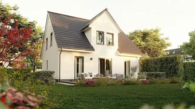 Einfamilienhaus mit Garten in Blender Einfamilienhaus mit heller Fassade, Satteldach und Garten in Blender