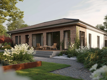 Moderner Bungalow mit Klinkerfassade, flachem Walmdach, Terrasse und gepflegtem Garten im Baugebiet Heemsen.