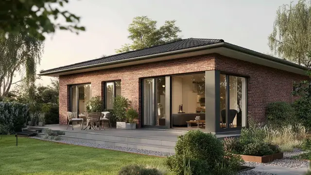 Klinker-Bungalow in Verden Moderner Bungalow mit roter Klinkerfassade, Walmdach, Terrasse und gepflegtem Garten in Verden.
