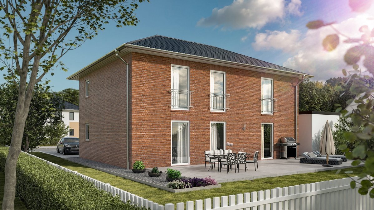 Modernes Einfamilienhaus mit roter Klinkerfassade, Walmdach, Terrasse und Garten als Beispiel für den Hausbau in Bassum-Neubruchhausen mit Contura Bau GmbH