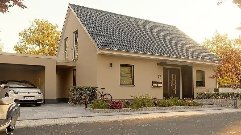 Einfamilienhaus mit Satteldach und Garage bauen Modernes Einfamilienhaus mit Satteldach, Garage und gepflegtem Vorgarten in ruhiger Wohnlage
