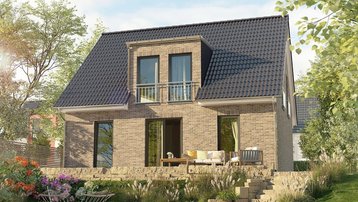 Einfamilienhaus Flair 125 mit Satteldach, Klinkerfassade, Balkon und angelegtem Garten