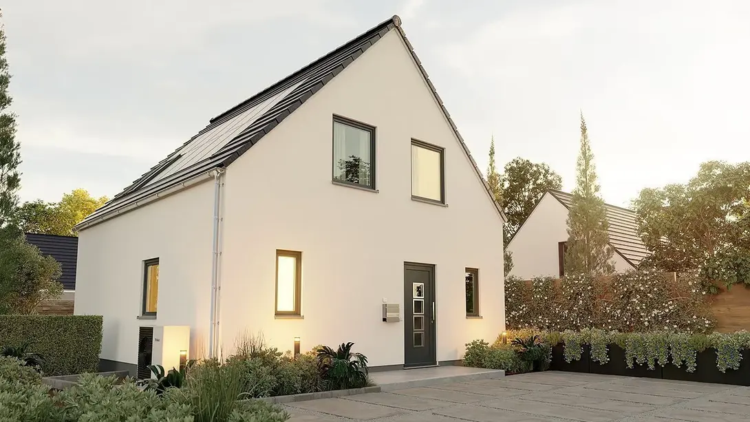 Einfamilienhaus mit Photovoltaik in Steyerberg bauen Modernes Einfamilienhaus in Steyerberg mit Photovoltaik, Satteldach und gepflegtem Eingangsbereich