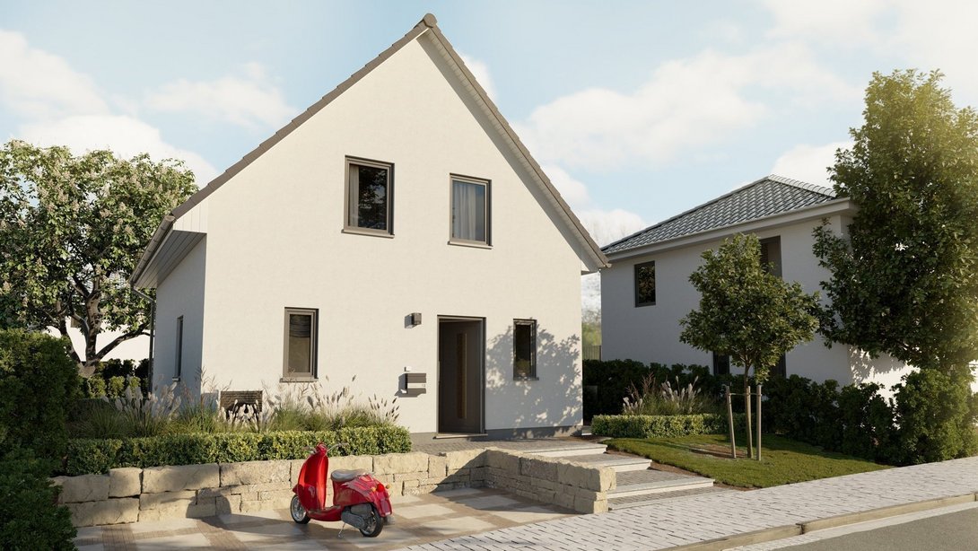Modernes Einfamilienhaus mit heller Fassade in Steyerberg-Voigtei Modernes Einfamilienhaus mit heller Fassade, Satteldach, Vorgarten und Hauseingang als Beispiel für den Hausbau in Steyerberg-Voigtei mit Contura Bau GmbH