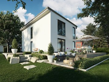 Modernes Einfamilienhaus mit heller Fassade, Flachdach, Terrasse und gepflegtem Garten als Beispiel für den Hausbau in Bassum-Neubruchhausen mit Contura Bau GmbH