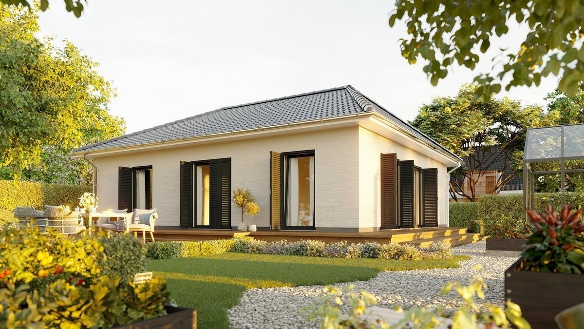 Moderner Bungalow 92 mit großzügigem Garten, der im Baugebiet Wacholderweg in Daverden gebaut werden kann, ideal für komfortables Wohnen auf einer Ebene