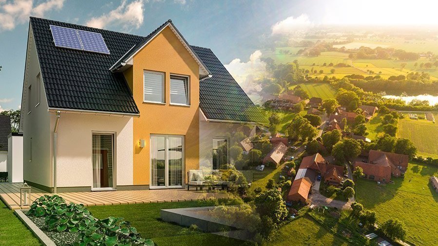 Energieeffizientes Einfamilienhaus in ländlicher Umgebung Modernes Einfamilienhaus mit Photovoltaikanlage und ländlicher Umgebung als Symbol für energieeffizienten Hausbau mit Contura Bau GmbH