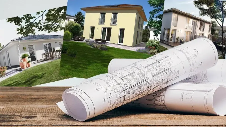 Baupläne mit Hausvisualisierungen für Bungalow, Einfamilienhaus und Stadtvilla als Symbol für individuelle Hausplanung