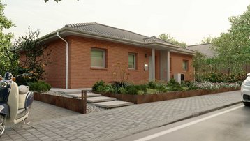 Bungalow mit Klinkerfassade und barrierearmem Zugang Moderner Bungalow mit roter Klinkerfassade und gepflegtem Vorgarten
