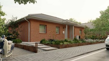 Bungalow 110 mit Klinkerfassade und Walmdach Bungalow 110 mit roter Klinkerfassade, Walmdach und gepflegtem Vorgarten in ruhiger Wohnlage