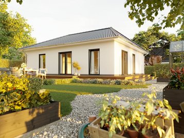 Bungalow 92 mit heller Fassade, Terrasse und Garten