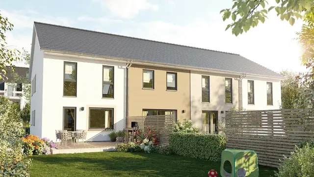 Modernes Doppelhaus mit Satteldach, Terrasse, Garten und familienfreundlichem Außenbereich