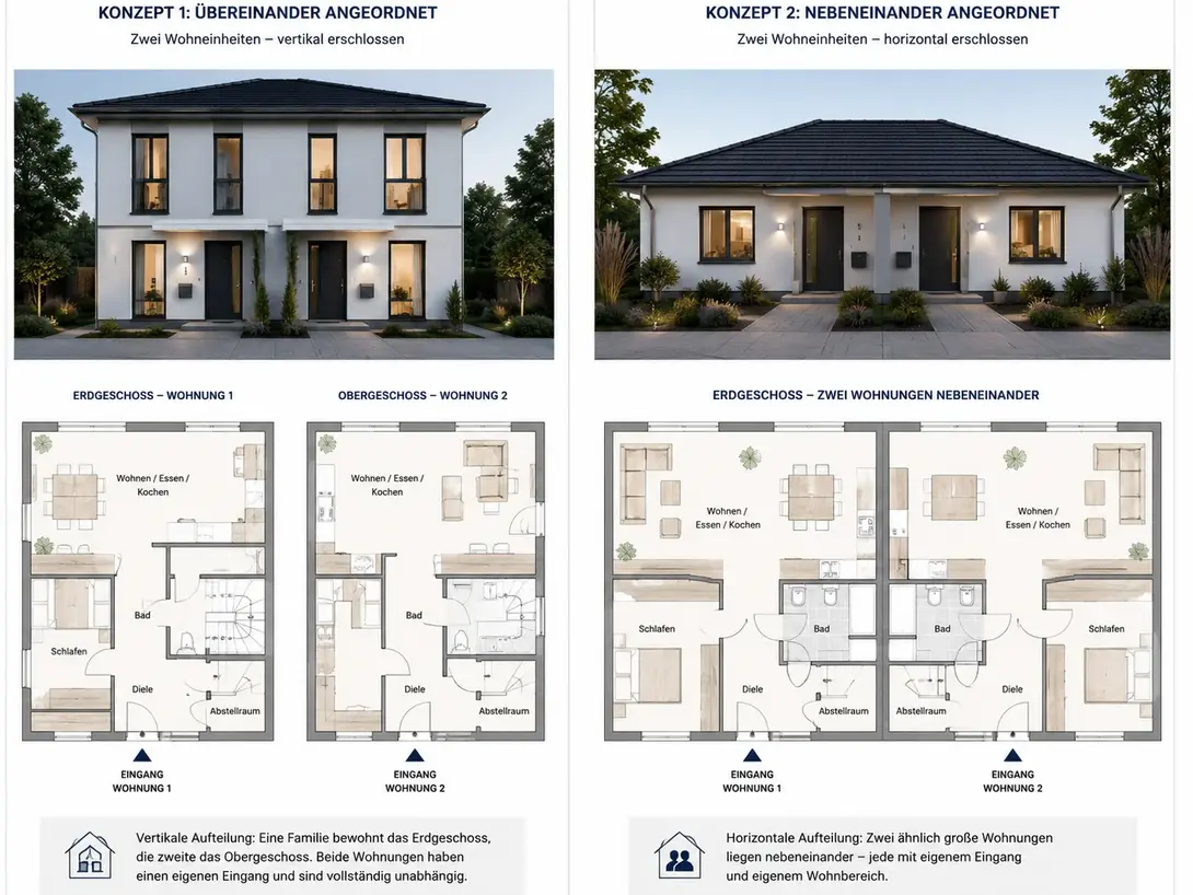 Infografik mit zwei Zweifamilienhaus-Konzepten: übereinander angeordnete Wohneinheiten und nebeneinander angeordnete Wohnungen mit getrennten Eingängen