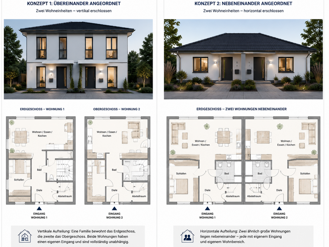 Infografik mit zwei Zweifamilienhaus-Konzepten: übereinander angeordnete Wohneinheiten und nebeneinander angeordnete Wohnungen mit getrennten Eingängen