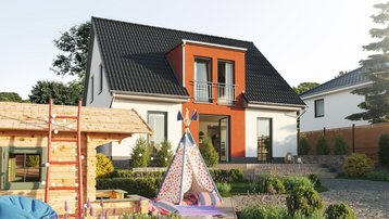 Einfamilienhaus Flair 125 in Verden Einfamilienhaus Flair 125 mit heller Fassade, dunklem Satteldach, rotem Fassadenakzent und familienfreundlichem Garten in Verden.