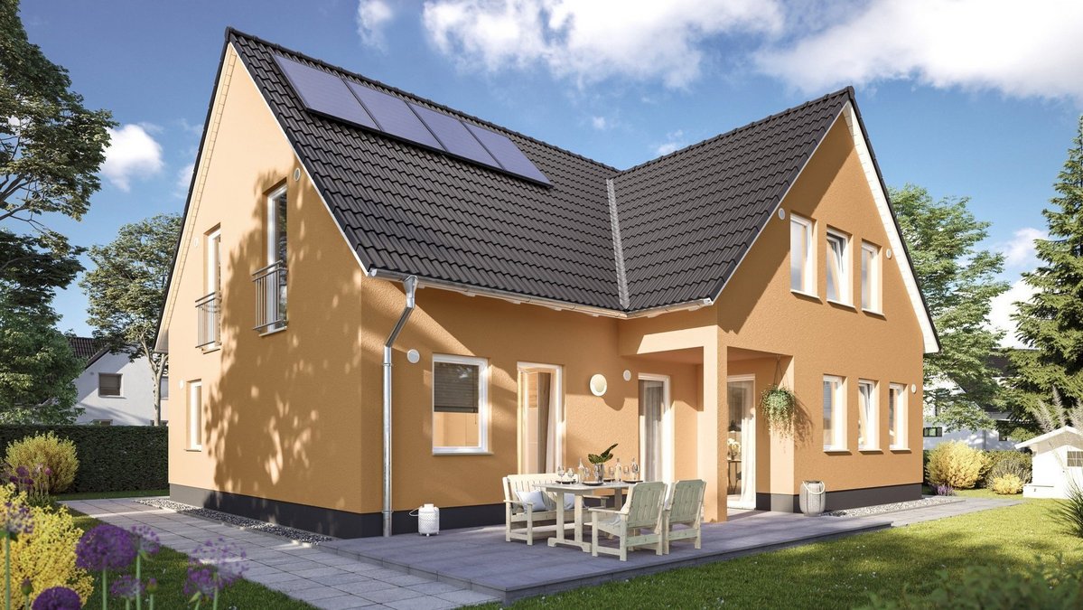 Einfamilienhaus mit heller Putzfassade, Satteldach, Photovoltaikanlage, Terrasse und Garten als Beispiel