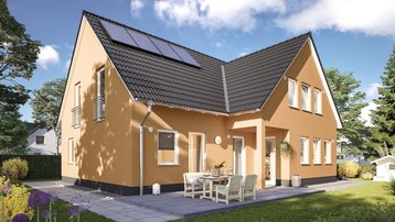 Einfamilienhaus mit heller Putzfassade, Satteldach, Photovoltaikanlage, Terrasse und Garten als Beispiel