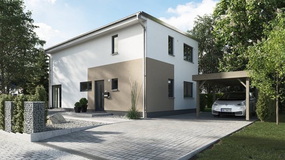 Moderne Stadtvilla mit heller Fassade, Flachdach, Carport und gepflasterter Einfahrt in Bruchhausen-Vilsen.