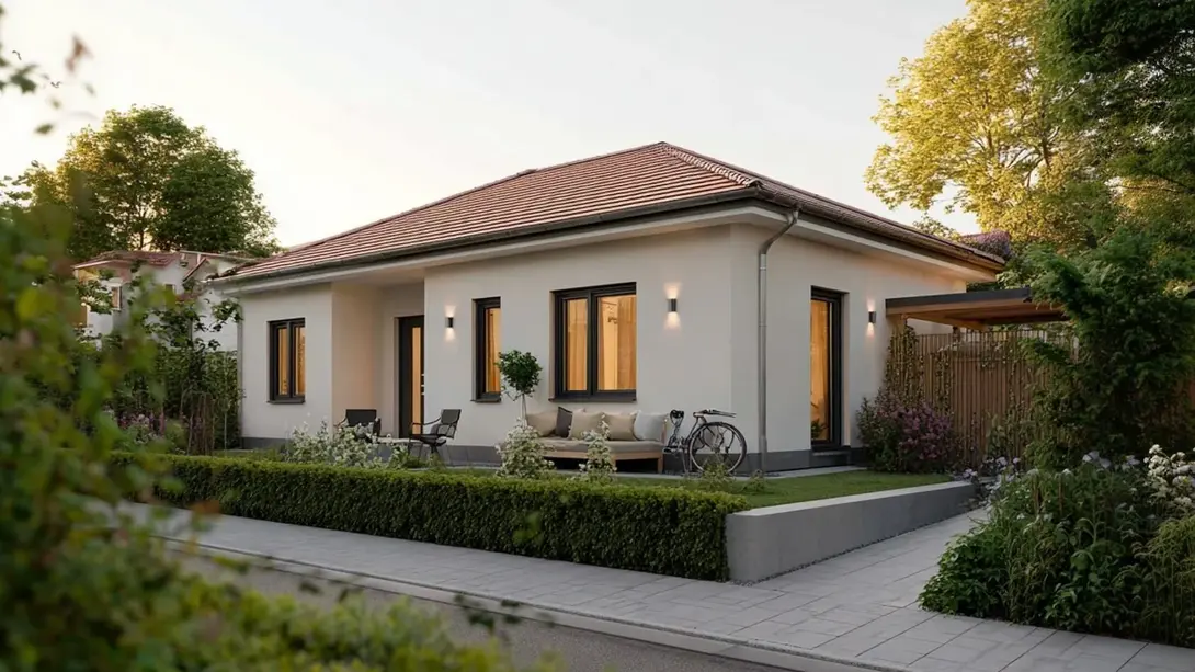 Moderner Bungalow mit Walmdach und Garten Moderner eingeschossiger Bungalow mit heller Putzfassade, Walmdach und begrüntem Garten