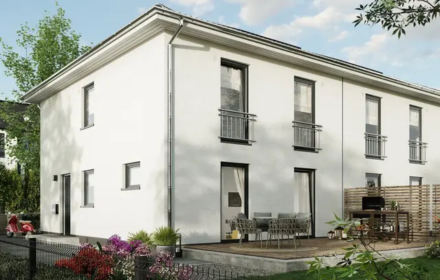 Doppelhaus bauen in Liebenau mit Contura Bau GmbH Modernes Doppelhaus in Liebenau mit Terrasse, Garten und heller Fassade