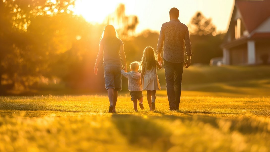 Familienfreundlich wohnen in Stolzenau Familie spaziert bei Sonnenuntergang über eine Wiese in einem Wohngebiet in Stolzenau.
