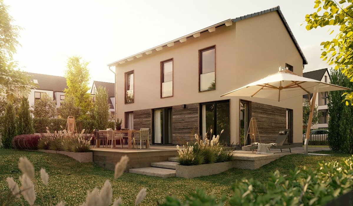 Modernes Massivhaus mit hellem Fassadenbild in naturnaher Umgebung für komfortables Wohnen
