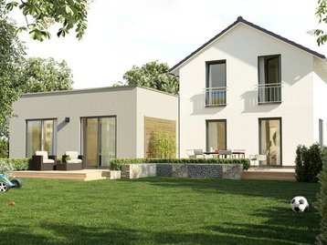Modernes Einfamilienhaus mit Anbau und Garten Modernes Einfamilienhaus mit heller Fassade, Anbau, Terrasse und großem Garten als Beispiel für den Hausbau in Leese mit Contura Bau GmbH