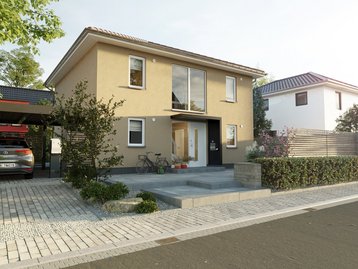 Stadtvilla 145 mit heller Fassade und modernem Eingangsbereich
