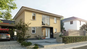 Stadtvilla 145 in Diepenau Stadtvilla 145 mit beigefarbener Fassade, Walmdach, Eingangsbereich und Carport in Diepenau.