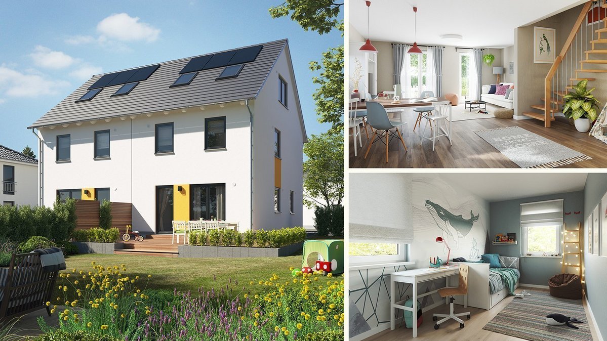 Modernes Einfamilienhaus mit Garten sowie Innenansichten von Wohnbereich und Kinderzimmer