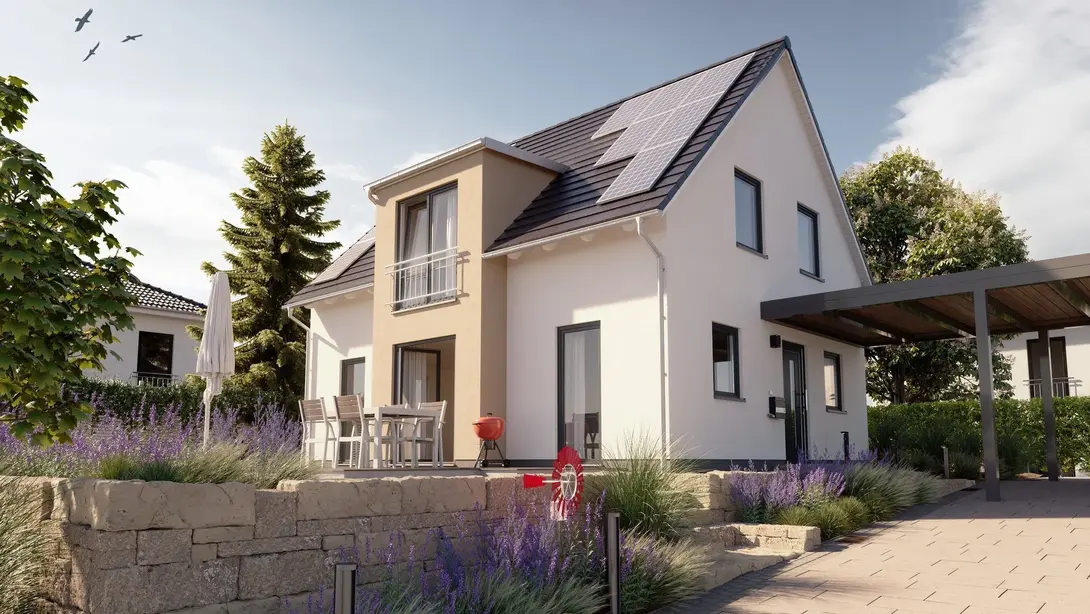 Modernes Einfamilienhaus mit heller Putzfassade, Satteldach, Photovoltaikanlage, Terrasse und Carport