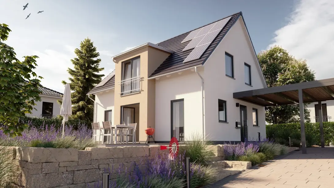 Einfamilienhaus mit Photovoltaik, Terrasse und Carport Modernes Einfamilienhaus mit Satteldach, Photovoltaikanlage, Terrasse, Carport und gepflegtem Garten